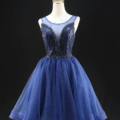 Blue tulle beads short a-line prom party dress