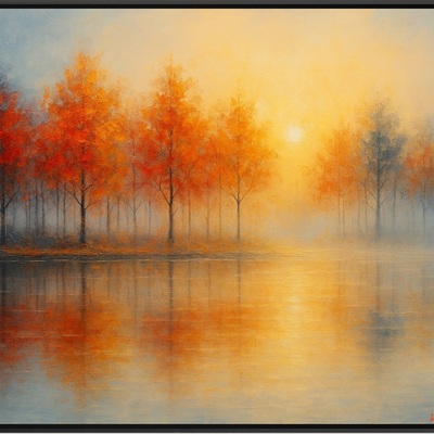 Vibrant fall trees art print autumn lake reflection