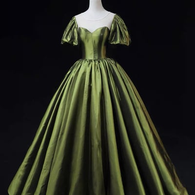 Green satin puff sleeves long prom party dress