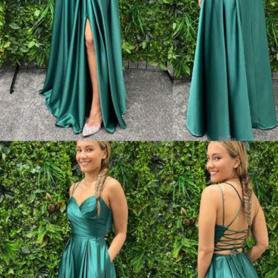 A-line green side-slit sleeveless lace appliques prom dress - Thumbnail 2