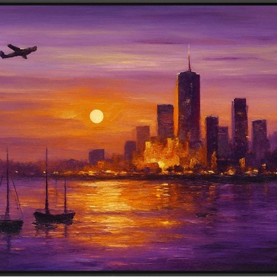New york harbor sunset sailboats skyline wall art print