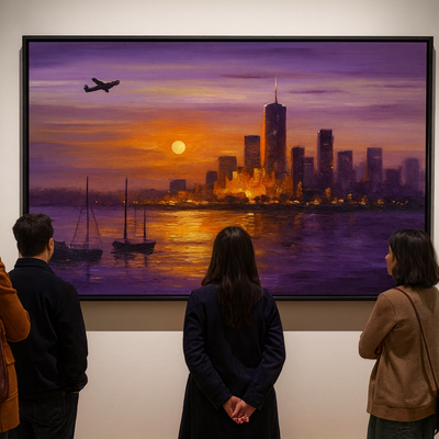 New york harbor sunset sailboats skyline wall art print