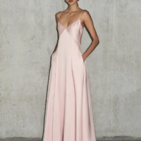 Simple A Line Spaghetti Strap V Neck Light Pink Satin Long Evening Dress - Thumbnail 1