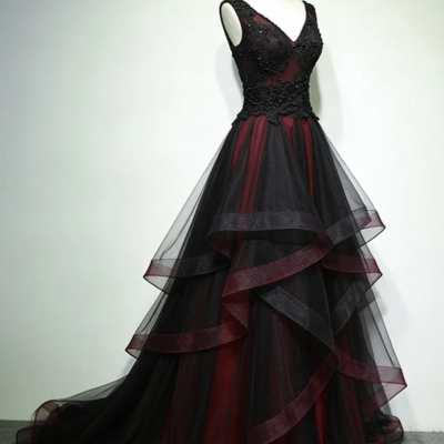 Mermaid v neck black and red gothic lace prom dresses - Thumbnail 1