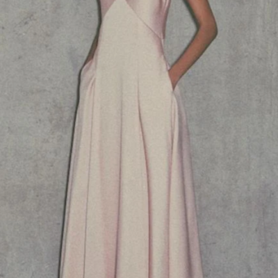 Simple a line spaghetti strap v neck light pink satin long evening dress - Thumbnail 2