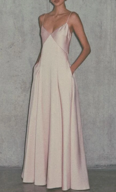 Simple A Line Spaghetti Strap V Neck Light Pink Satin Long Evening Dress