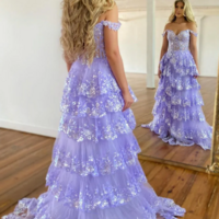 Gorgeous Off Shoulder Sequin A Line Split Prom Dress With Layers - Thumbnail 1