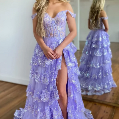 Gorgeous off shoulder sequin a line split prom dress with layers - Thumbnail 1