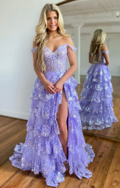Gorgeous Off Shoulder Sequin A Line Split Prom Dress With Layers