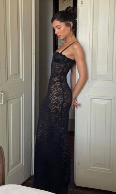 Spaghetti Straps Black Sheath Lace Long Evening Dresses