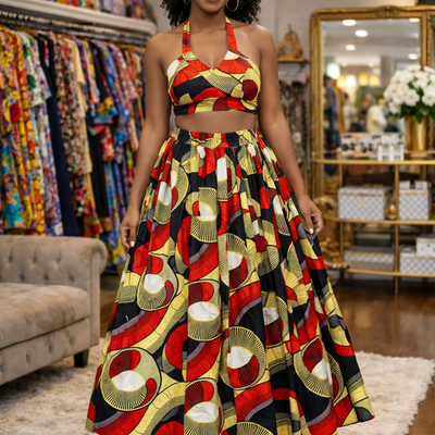 Vibrant vibes halter top & skirt set