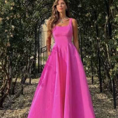 Elegant hot pink a line square long prom dresses - Thumbnail 1