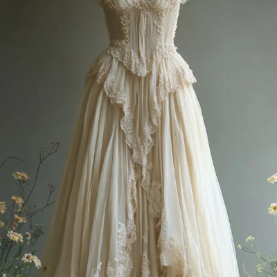 Vintage a line tulle long evening dress lace wedding dress 