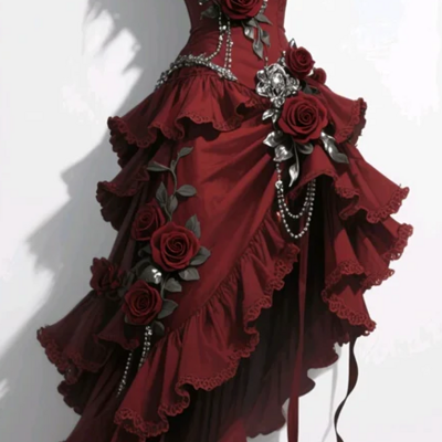 Wine red square neckline mid-length prom dress with flowers - Thumbnail 2