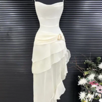 Elegant Spaghetti Strap Irregular Ruffle Ivory Satin Sheath Prom Dress - Thumbnail 5