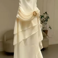 Elegant Spaghetti Strap Irregular Ruffle Ivory Satin Sheath Prom Dress - Thumbnail 1