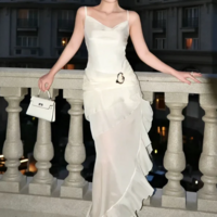 Elegant Spaghetti Strap Irregular Ruffle Ivory Satin Sheath Prom Dress - Thumbnail 2