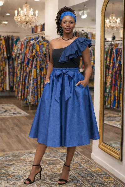 Calf Length Blue Jean Skirt Set w/ Head wrap