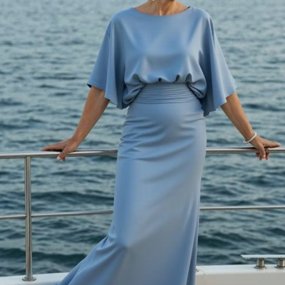 Mermaid blue stain boat neck mother of bridal dress formal evening dress - Thumbnail 2