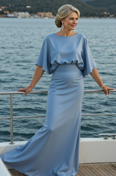 Mermaid Blue Stain Boat Neck Mother Of Bridal Dress Formal Evening Dress
