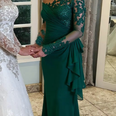 One shoulder green long sleeves mother of bridal/groom dress formal prom dress