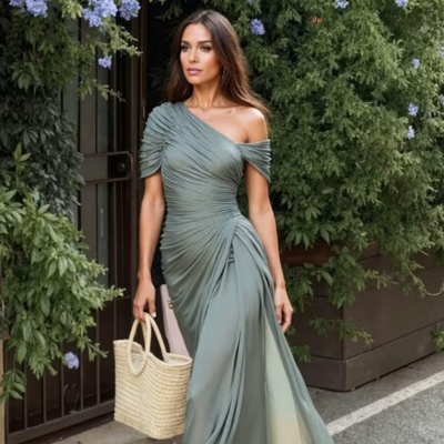 A line dusty sage ruched mother of bridal dress formal evening dress