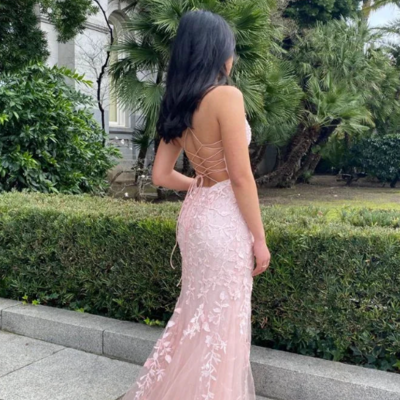Mermaid pink lace tulle prom dress with lace-up back  - Thumbnail 1