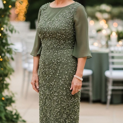Tea length oliver green chiffon lace mother of bride dresses formal evening dress - Thumbnail 2