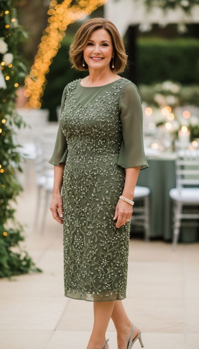 Tea Length Oliver Green Chiffon Lace Mother Of Bride Dresses Formal Evening Dress