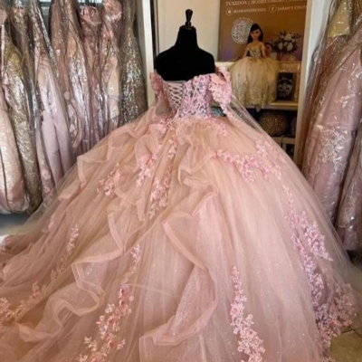 Princess ball gown pink quinceanera dresses with lace