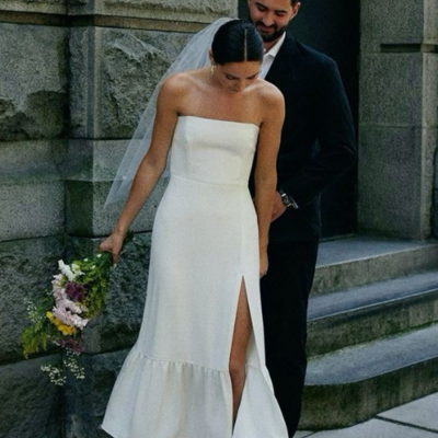 Sheath strapless satin short prom dress midi wedding dress with slit