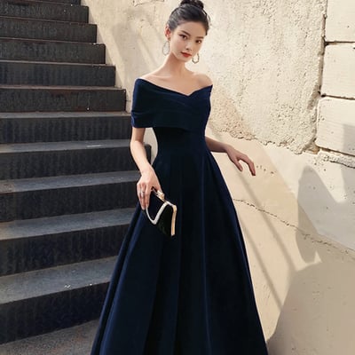 Navy velvet long a-line prom party dress