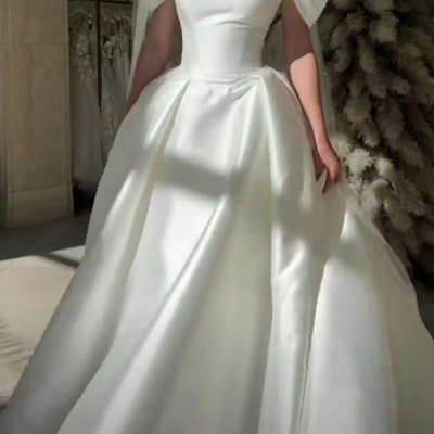 Vintage off shoulders ivory satin lace up bridal dress - Thumbnail 1