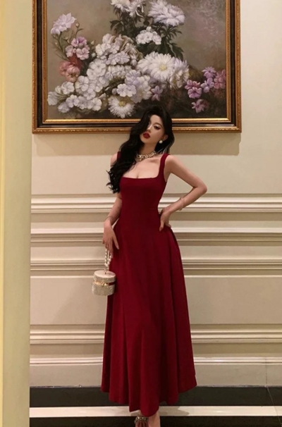 Simple A Line Straps Wine Red Ankle Length Prom Dresses 