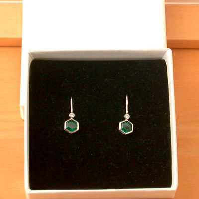 Boxed gift/sterling silver emerald hexagon earrings/emerald hook earrings/emerald jewellery/emerald jewelry/may birthstone/uk