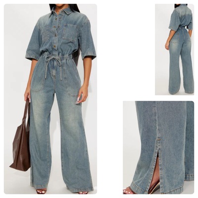 3/4 sleeve denim jumpsuit-td