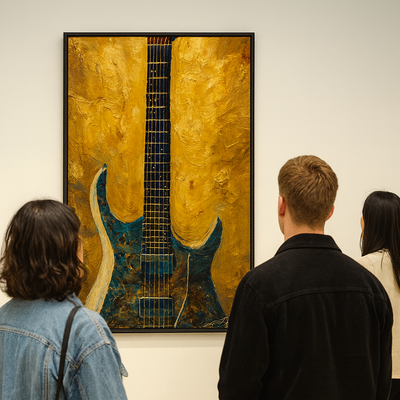 Blue electric guitar painting – modern abstract music art on golden background