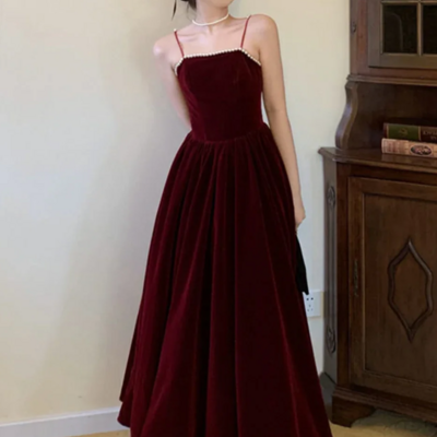 Spaghetti straps wine red velvet women prom dresses