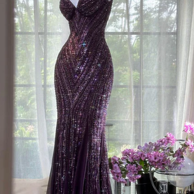 V neck purple sequined sexy evening dresses - Thumbnail 2