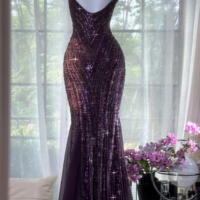 V Neck Purple Sequined Sexy Evening Dresses - Thumbnail 1