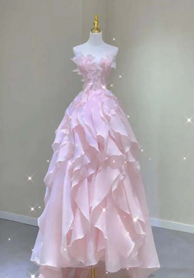 Strapless A Line Pink Long Prom Dresses,Evening Gowns