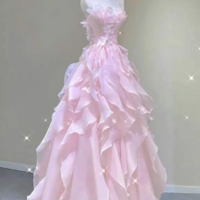 Strapless A Line Pink Long Prom Dresses,Evening Gowns - Thumbnail 1