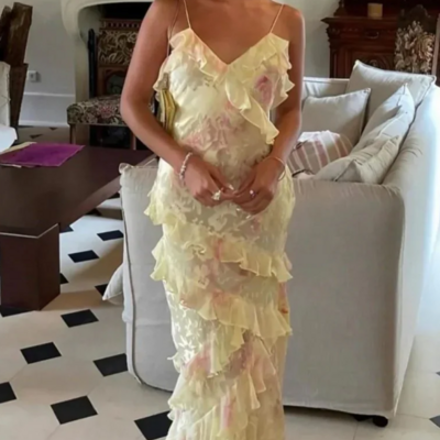 Spaghetti straps yellow long prom dress with ruffles - Thumbnail 2