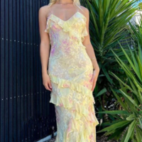 Spaghetti Straps Yellow Long Prom Dress with Ruffles - Thumbnail 1