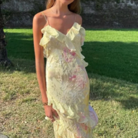 Spaghetti Straps Yellow Long Prom Dress with Ruffles - Thumbnail 2