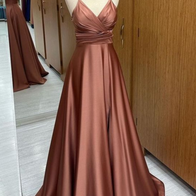 A line straps long satin prom dresses formal dress - Thumbnail 1