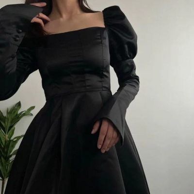Square long sleeves black short prom dress - Thumbnail 1