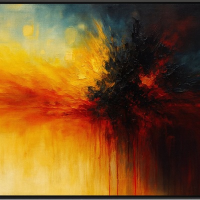 Fiery abstract color burst art print – bold red yellow blue modern wall decor