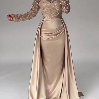 Floor length sequin ruched satin evening gowns with long sleeves  - Thumbnail 1