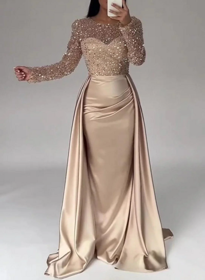 Floor Length Sequin Ruched Satin Evening Gowns With Long Sleeves 